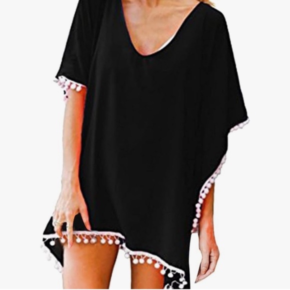 ADREAMLY Black and White Swim Coverup with Pom Pom Trim - Picture 1 of 7